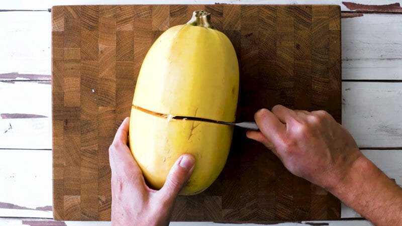 How to cut the spaghetti squash: Use a small sharp knife to slice it across