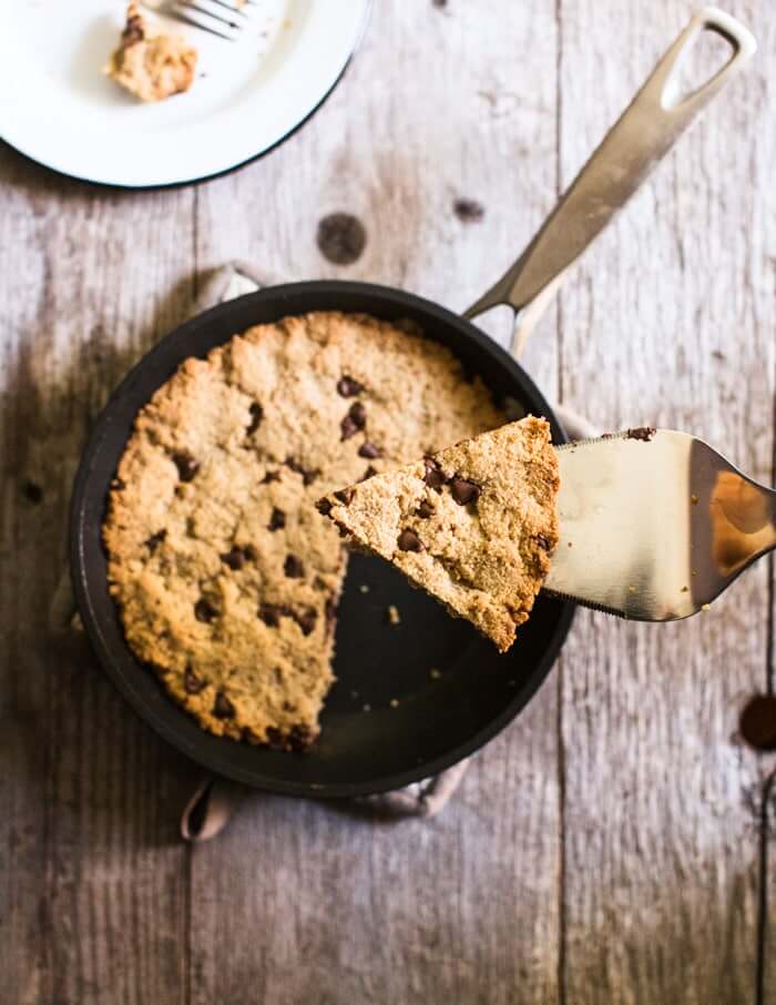 Almond flour chocolate chip cookies in the pan