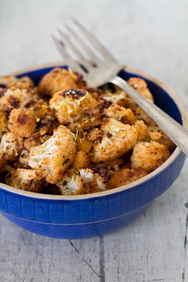 spicy roasted cauliflower in a bowl