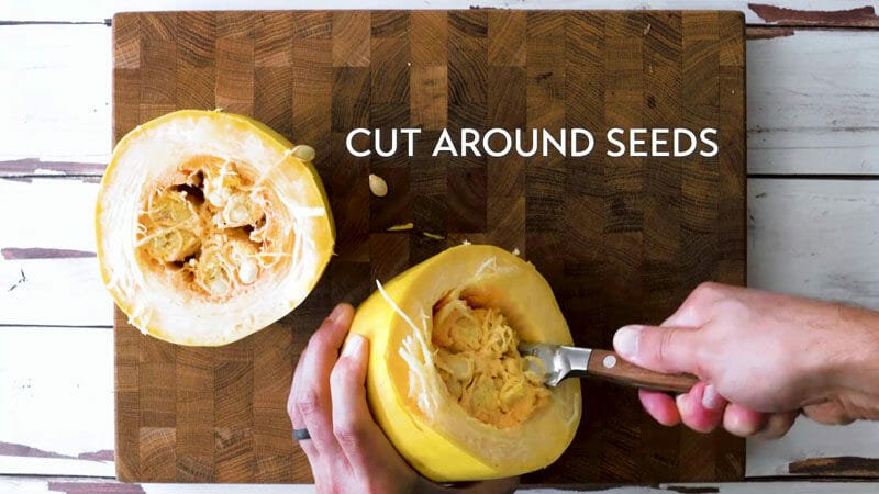 How to cut a spaghetti squash: Cut around the seeds