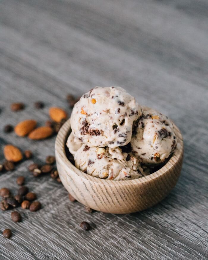 Dairy-free jamocha ice cream with almond fondant