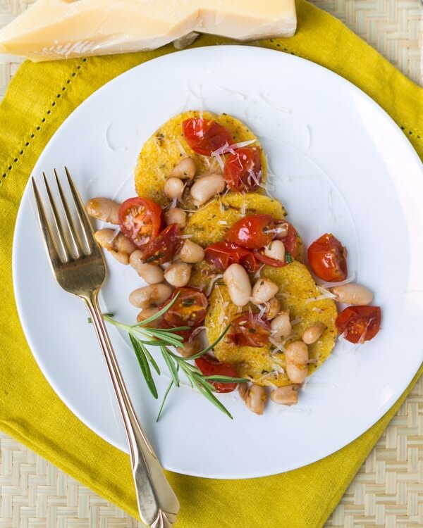 Grilled polenta with white beans and tomatoes