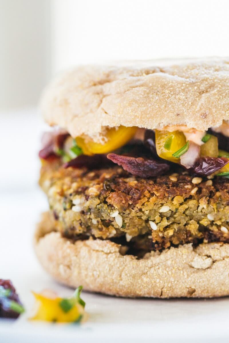 Chickpea burger with spicy cherry salsa