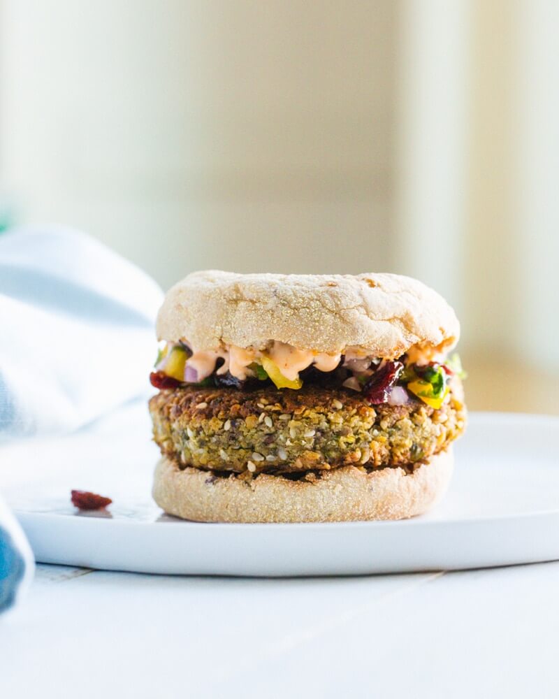 Chickpea burger with spicy cherry salsa
